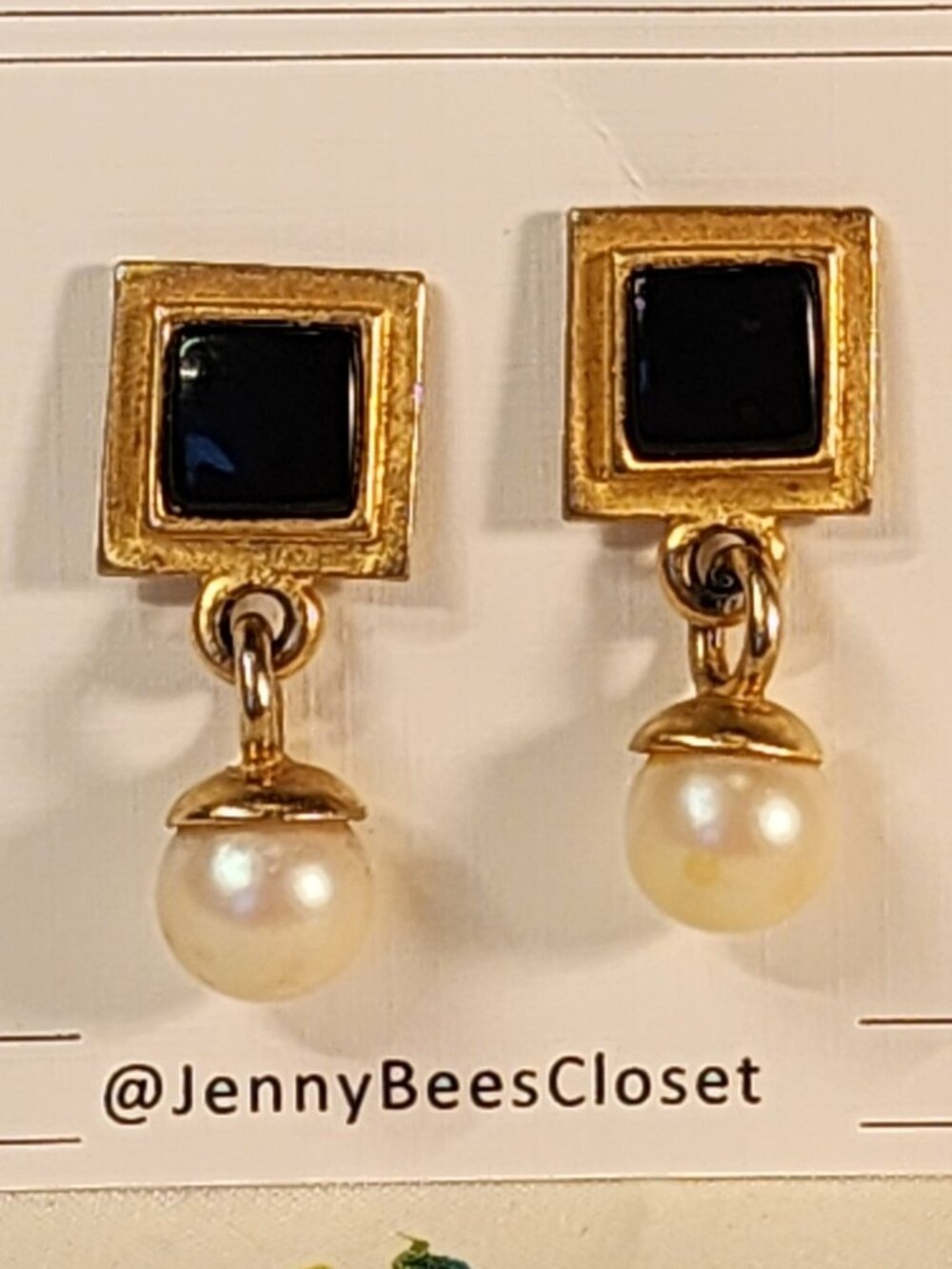 VINTAGE Glamourous 1980s Gold-Tone Black Enamel Faux Pearl Pierced Earrings